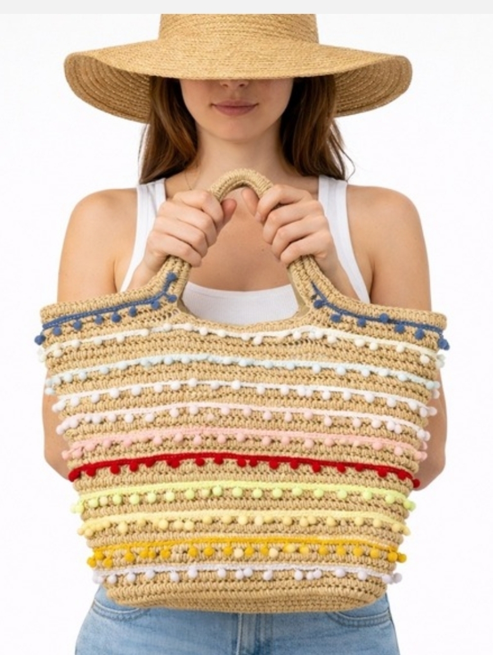 Bay Sky Rainbow Pom-Pom Paper Woven Tote Bag RN#122405, NWOT